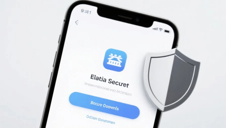 一部现代智能手机屏幕上显示极悦应用的安全下载界面，旁边有安全盾牌图标，背景简洁