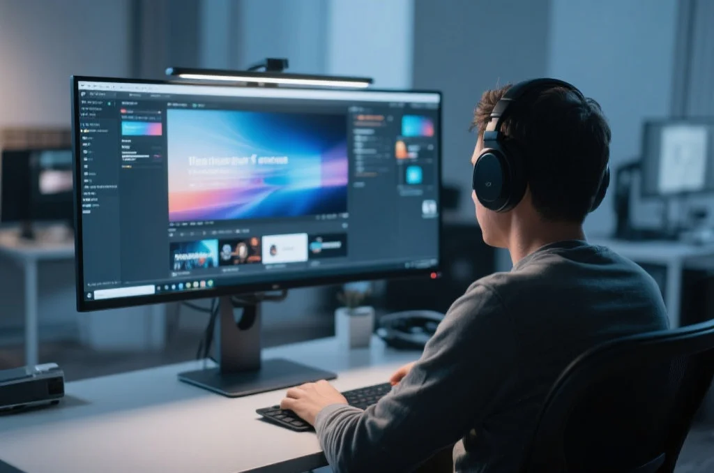 用户在桌面电脑上享受极悦的沉浸式娱乐体验